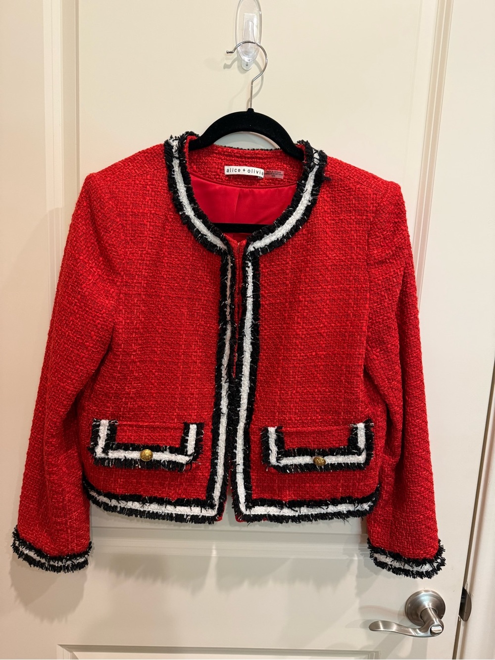 Alice + Olivia Red Tweed Cropped Blazer with Contrast Trim